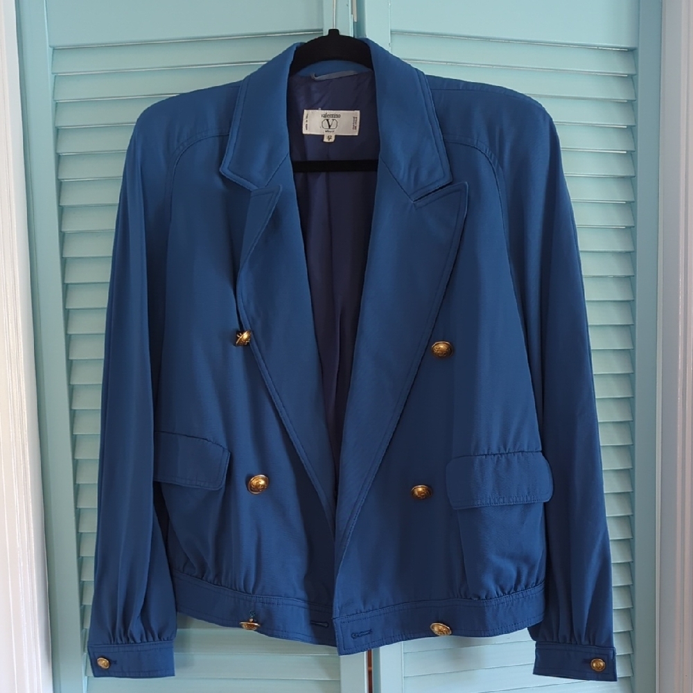 Valentino Miss V Blue and Gold Blazer with Padded Shoulders
